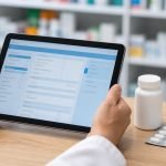 Manos sostienen una tableta con una interfaz médica junto a medicamentos genéricos sin marca