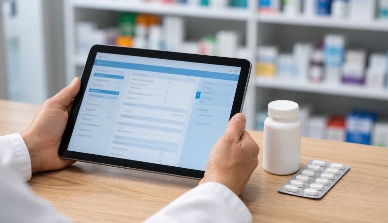 Manos sostienen una tableta con una interfaz médica junto a medicamentos genéricos sin marca