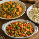 Tres platos caseros preparados con lentejas, garbanzos y porotos blancos