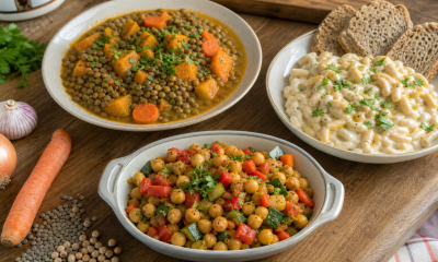 Tres platos caseros preparados con lentejas, garbanzos y porotos blancos