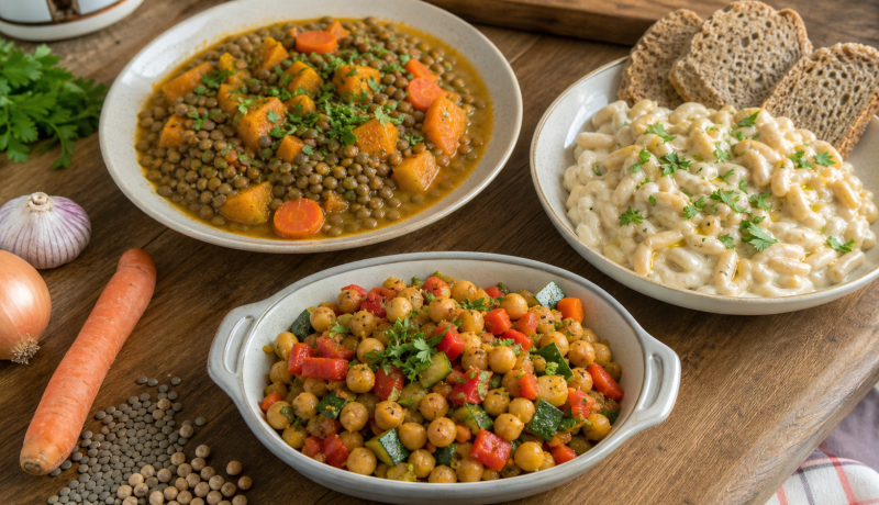 Tres platos caseros preparados con lentejas, garbanzos y porotos blancos