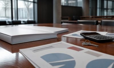 Carpetas, calculadora y llave sobre una mesa de trabajo municipal