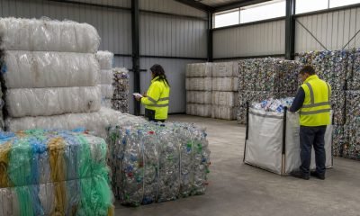 Trabajadores revisan fardos de materiales reciclables en una planta de segregación