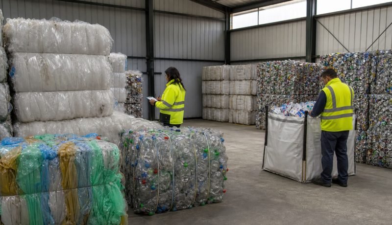 Trabajadores revisan fardos de materiales reciclables en una planta de segregación