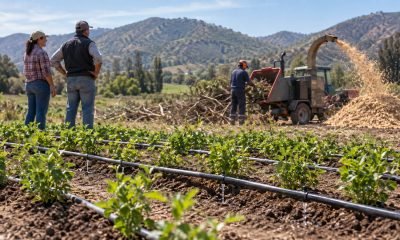 Sistema de riego localizado y chipeadora en un predio agrícola