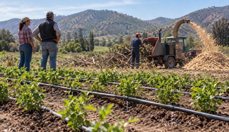 Sistema de riego localizado y chipeadora en un predio agrícola