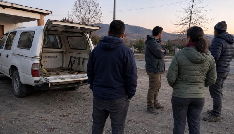 Camioneta con la parte trasera abierta junto a una comitiva en un sector rural