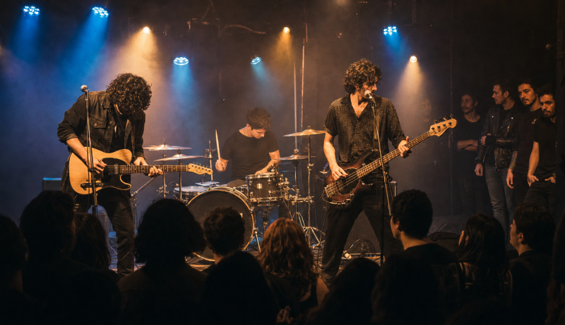 Banda de rock actúa en un club, imagen editorial referencial