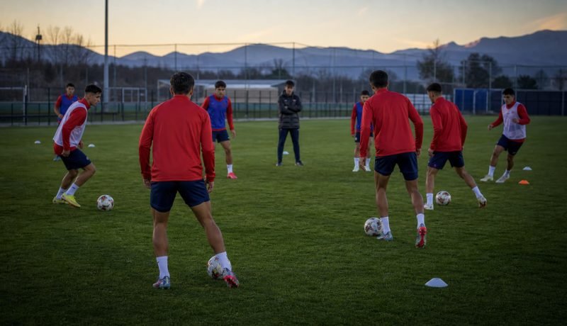 Futbolistas juveniles entrenan con balón en una cancha al atardecer
