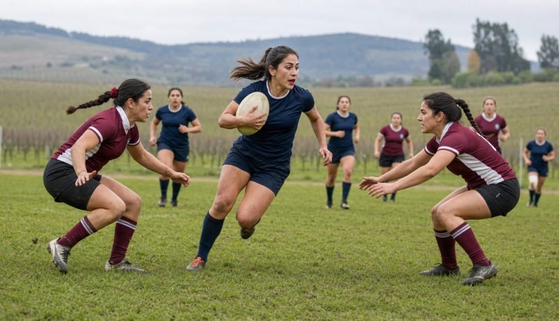 Jugadoras disputan un partido de rugby seven en una cancha del valle de Casablanca