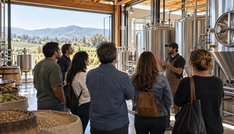 Grupo de personas adultas participa en una visita guiada por una cervecería artesanal