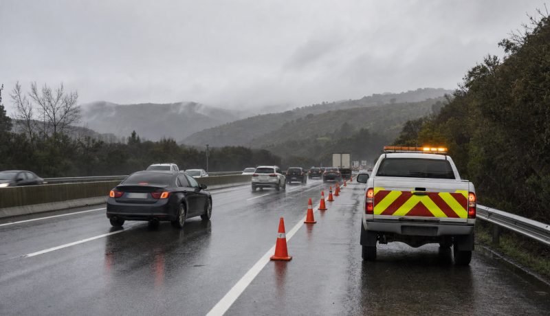 Tránsito con pista restringida durante una mañana de lluvia en la Ruta 68