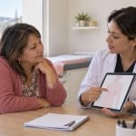 Profesional de salud conversa con una mujer sobre controles mamarios