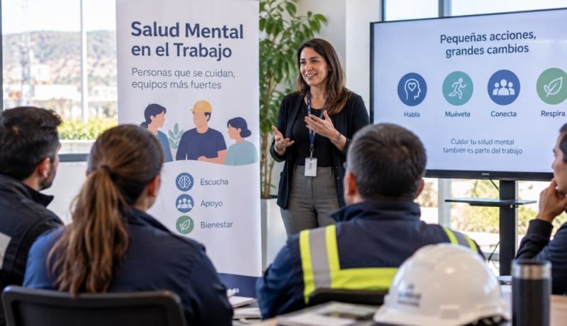 Charla sobre salud mental en el trabajo ante un grupo de personas trabajadoras