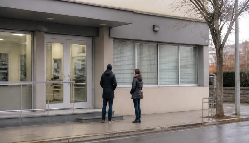 Personas frente a una sucursal bancaria genérica en una escena editorial sobre prevención