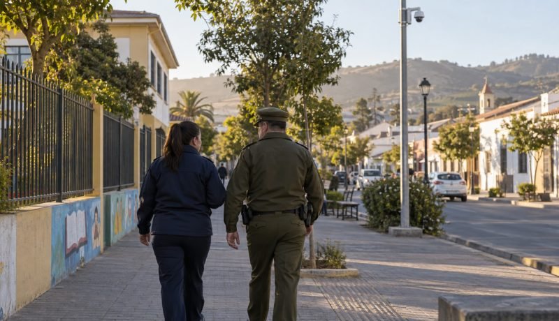 Dos profesionales de seguridad pública recorren a pie una calle céntrica de Casablanca