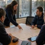 Equipo municipal revisa un mapa durante una reunión de coordinación de seguridad