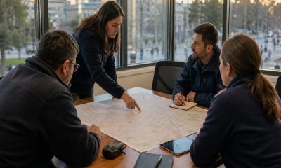 Equipo municipal revisa un mapa durante una reunión de coordinación de seguridad