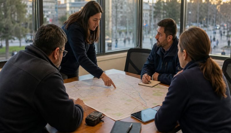 Equipo municipal revisa un mapa durante una reunión de coordinación de seguridad