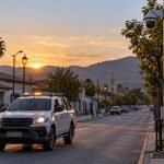 Vehículo genérico de patrullaje preventivo en una calle urbana al atardecer