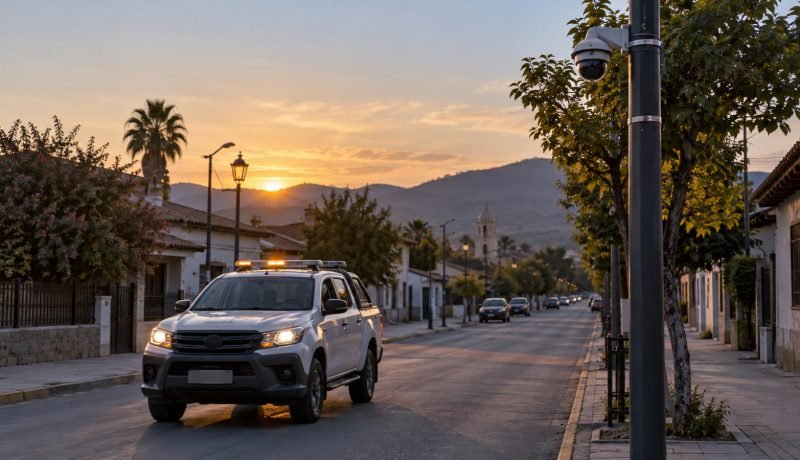 Vehículo genérico de patrullaje preventivo en una calle urbana al atardecer