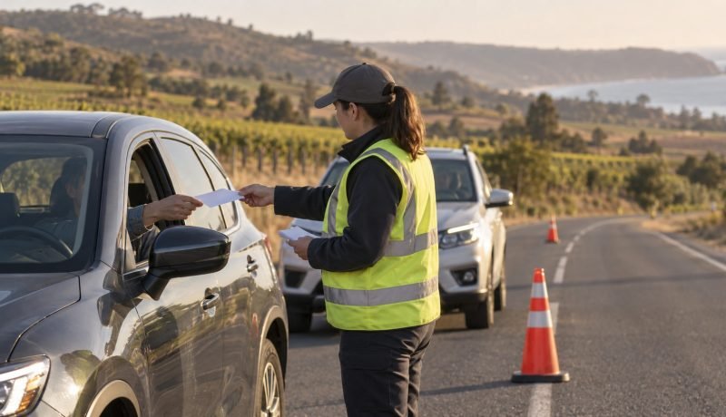 Entrega de material preventivo a una conductora en una ruta rural de Casablanca