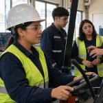 Mujer participa en una capacitación técnica de operación de maquinaria junto a un instructor y otros estudiantes