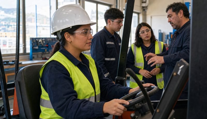 Mujer participa en una capacitación técnica de operación de maquinaria junto a un instructor y otros estudiantes
