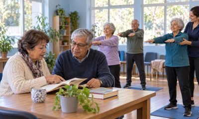 Representación editorial de personas mayores participando en lectura y gimnasia suave