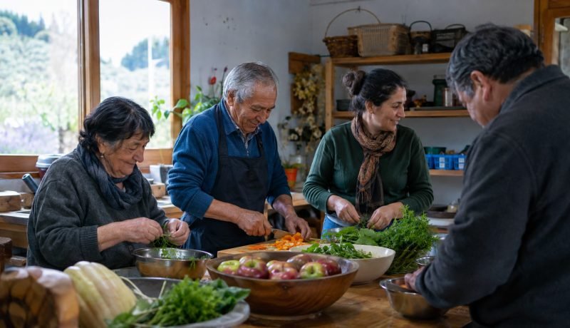 Personas adultas participan en una actividad comunitaria de cocina y conversación