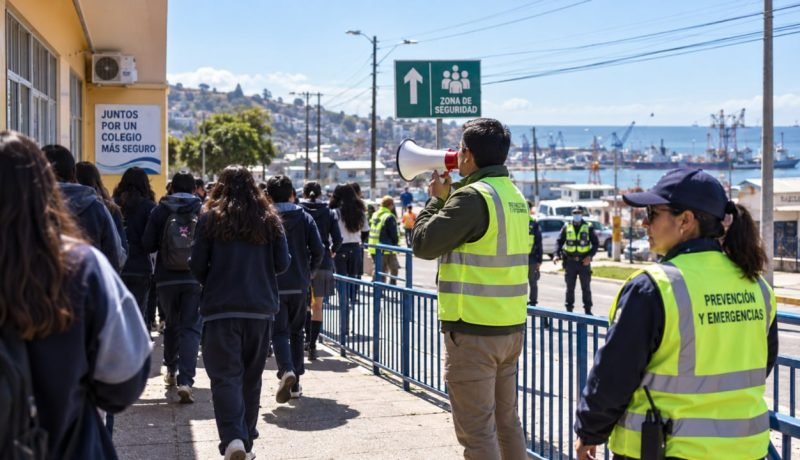 Estudiantes caminan hacia una zona de seguridad acompañados por personal de prevención y emergencias.