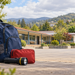 Mochila, linterna y bolso de emergencia ante un patio escolar y un sendero hacia una ladera arbolada