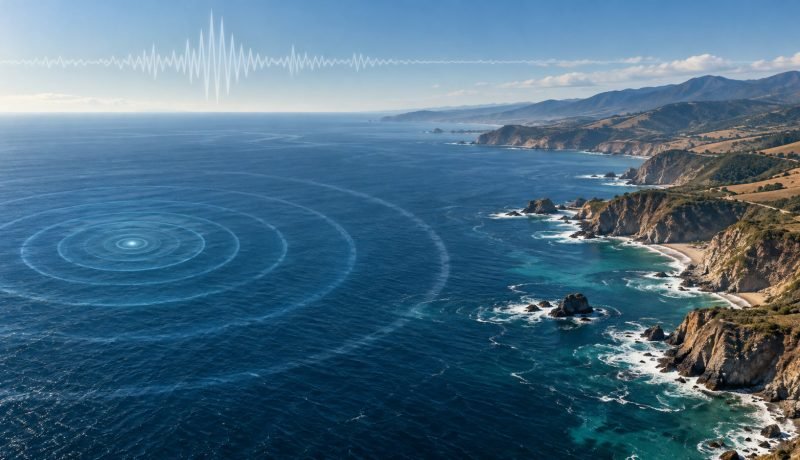 Ilustración editorial de ondas sísmicas frente a la costa central de Chile