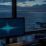 Costa de la Región de Valparaíso durante la madrugada junto a un monitor de actividad sísmica