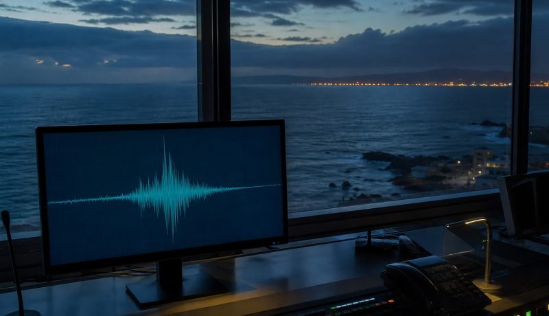 Costa de la Región de Valparaíso durante la madrugada junto a un monitor de actividad sísmica