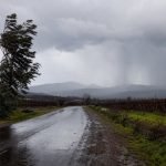 Camino rural y viñedos de Casablanca bajo nubes oscuras y lluvia