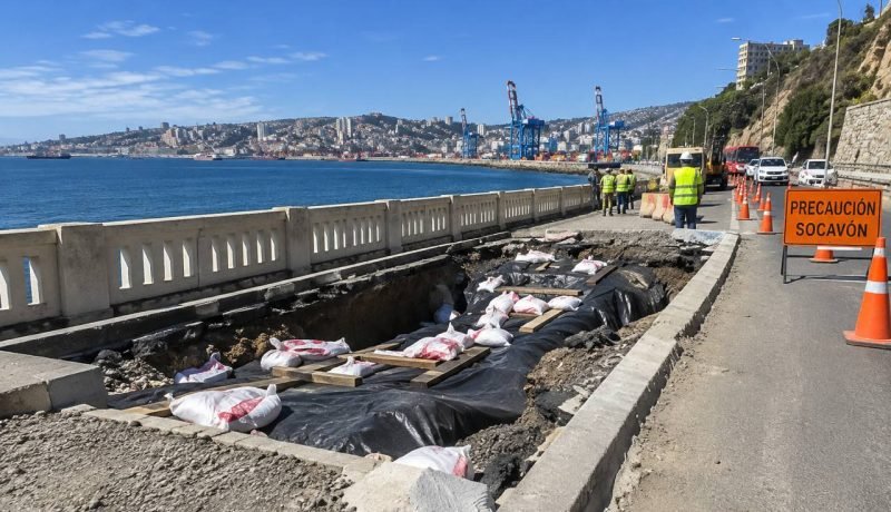 Socavón junto a una vía costera, con obras, conos y una señal de precaución.