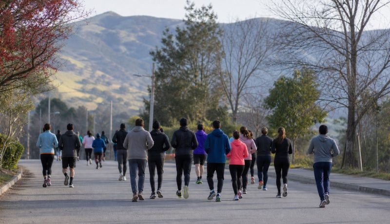 Grupo de personas trotando en una calle durante una mañana de invierno