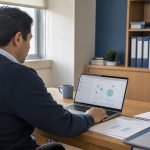 Funcionario trabaja con una herramienta digital en una oficina pública