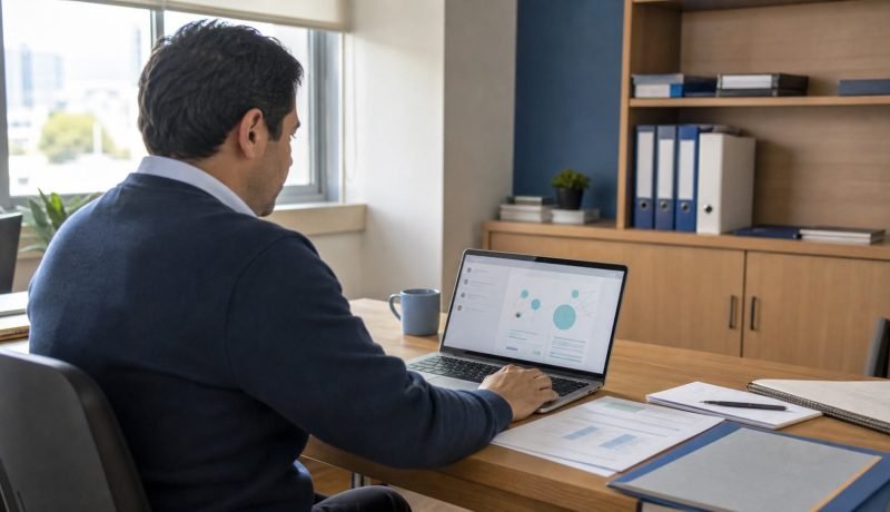 Funcionario trabaja con una herramienta digital en una oficina pública