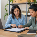 Dos mujeres revisan un contrato de trabajo en una pequeña empresa