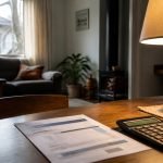 Cuenta de electricidad y calculadora sobre la mesa de un hogar
