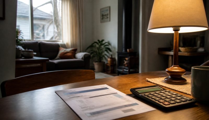 Cuenta de electricidad y calculadora sobre la mesa de un hogar
