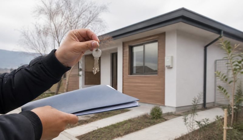 Manos con llaves y documentos frente a una vivienda nueva