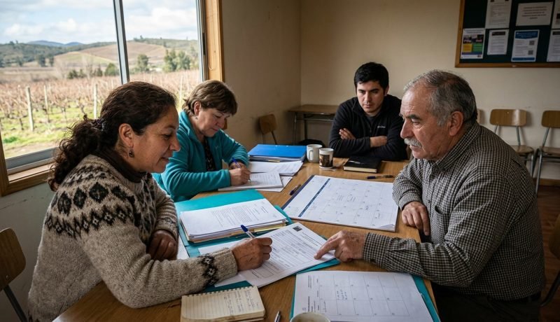 Dirigentes comunitarios revisan documentos en una sede vecinal de Casablanca