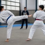 Jóvenes practican taekwondo durante una evaluación deportiva en gimnasio