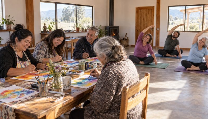 Personas participan en una jornada comunitaria de pintura y yoga en un espacio rural