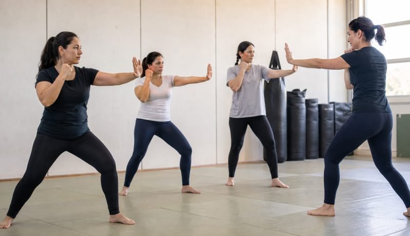 Mujeres adultas practican posturas básicas de defensa personal en un dojo