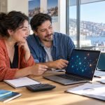 Dos emprendedores trabajan con herramientas digitales y documentos de negocio