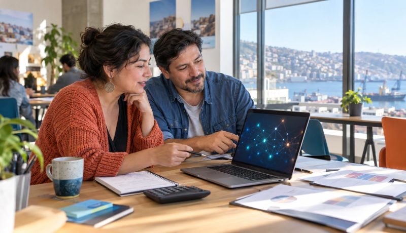 Dos emprendedores trabajan con herramientas digitales y documentos de negocio